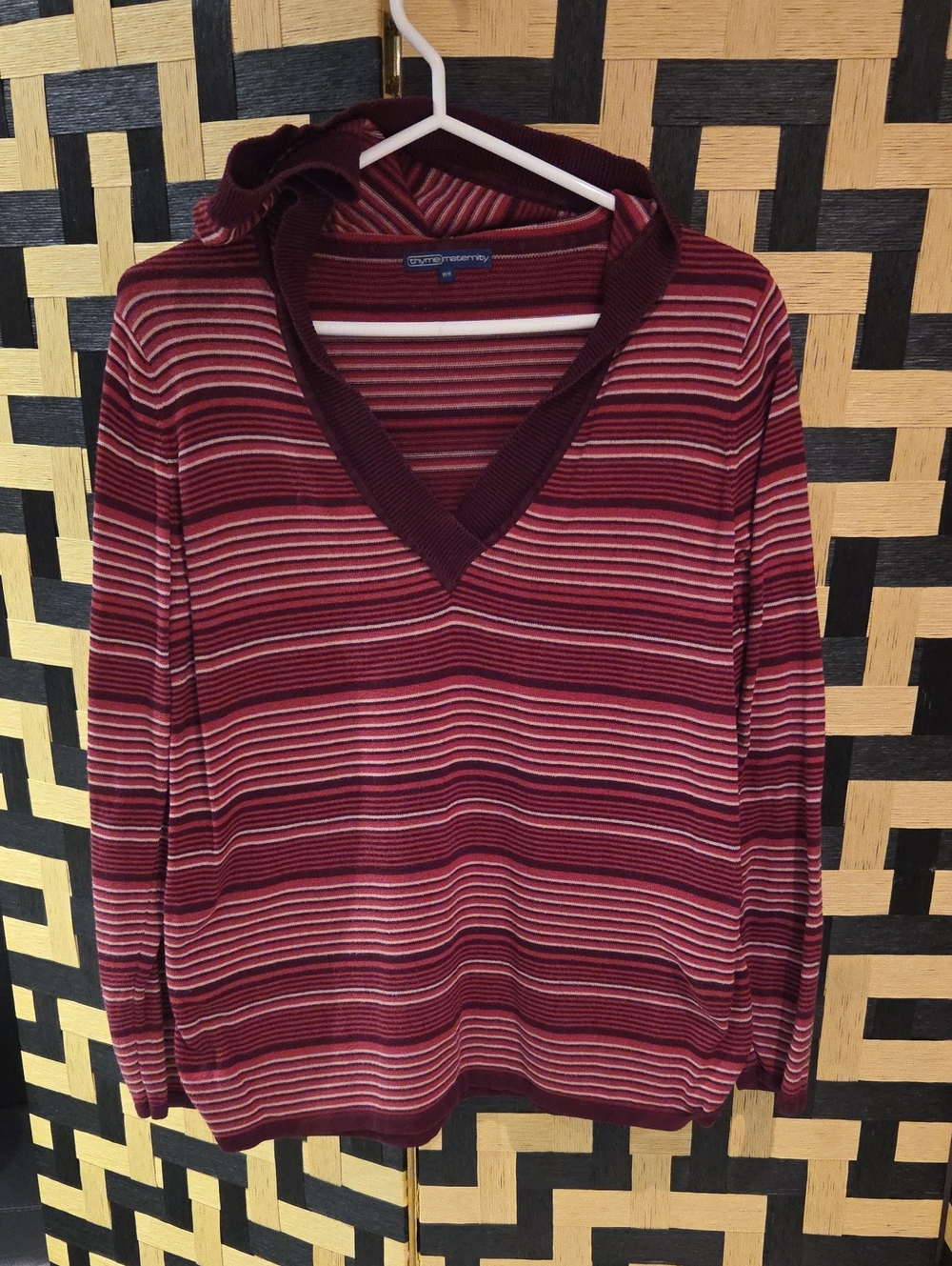 Thyme Maternity Striped V-Neck Hoodie in Burgundy and Pink
